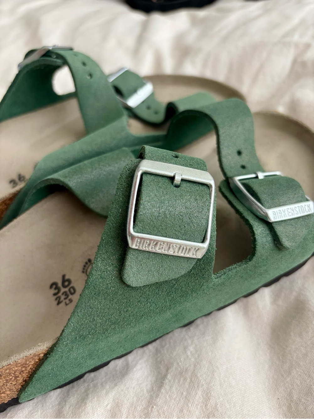 Brand New Birkenstock Arizona Suede Sandals, Thyme, size 36